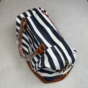 Navy White Stripe Weekender Travel Duffel Bag Faux Leather Tan Trim